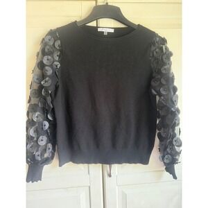 Siani Milano Womens Black 3D Floral Applique Mesh Sleeve Knit Sweater Medium